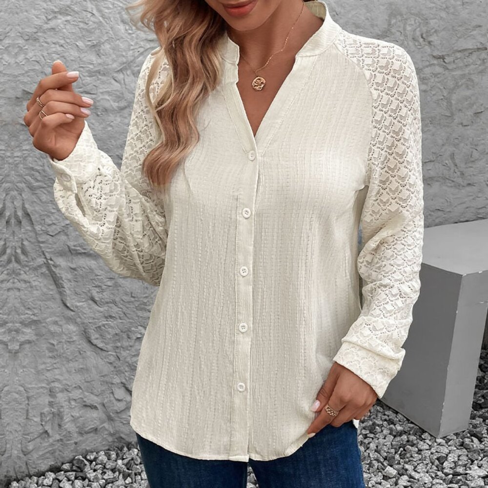 2/$45 NEW Ivory Long Lace Sleeve Button Up Blouse Loose Relaxed Fit Top Work